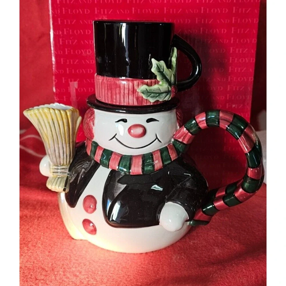 IN BOX Fitz & Floyd Snack Therapy‎ Snowman Teapot Cup Cocoa Christmas 2003